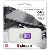 Kingston DataTraveler 64GB microDuo 3C 200MB/s dual USB-A + USB-C, Lápiz USB violeta/Transparente, 64 GB, USB Type-A / USB Type-C, 3.2 Gen 1 (3.1 Gen 1), 200 MB/s, Otro, Púrpura, Acero inoxidable