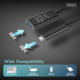 Digitus Cable de extensión activo USB 3.2 Gen 2, conector USB-C > puerto USB-A, Cable alargador negro