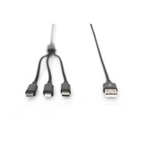 Digitus Cable de carga 3 en 1, USB-A > Lightning + USB-C + Micro-USB negro