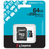 Kingston Tarjeta microSDXC Canvas Go Plus Gen4 de 64 GB, 200 MB/s, A2 U3 V30 y adaptador, Tarjeta de memoria negro, 200 MB/s, A2 U3 V30 y adaptador, 64 GB, MicroSD, Clase 10, UHS-I, 200 MB/s, 100 MB/s