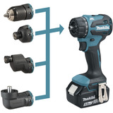 Makita Taladro atornillador a batería con sistema de cabezal intercambiable DDF491ZJ01, 18 Voltios, Taladro/destornillador azul/Negro