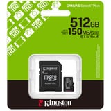 Kingston 512GB microSDXC Canvas Select Plus Gen3 150MB/s A1 (Incluye adaptador de SD), Tarjeta de memoria negro, 512 GB, MicroSDXC, Clase 10, UHS-I, 150 MB/s, Class 3 (U3)