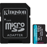 Kingston Tarjeta microSDXC Canvas Go Plus Gen4 de 512 GB, 200 MB/s, A2 U3 V30 y adaptador, Tarjeta de memoria negro, 200 MB/s, A2 U3 V30 y adaptador, 512 GB, MicroSD, Clase 10, UHS-I, 200 MB/s, 160 MB/s