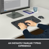 Logitech 920-008685 teclado Ratón incluido Universal RF inalámbrico QWERTY Internacional de EE.UU. Negro, Blanco, Juego de escritorio gris oscuro, Inalámbrico, RF inalámbrico, Interruptor de membrana, QWERTY, Negro, Blanco, Ratón incluido