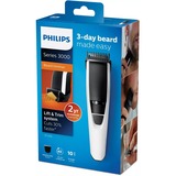 Philips 3000 series Barbero con posiciones de 1 mm de precisión, Cortapelo para barba blanco/Negro, Lavable, No necesita mantenimiento ni lubricación, Batería, Negro, Plata