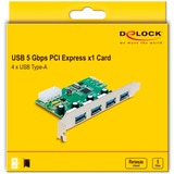 DeLOCK Tarjeta PCIe x1 a 4x USB Tipo-A externo 5 Gbit/s, Controlador USB 