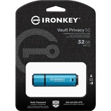 Kingston IronKey 32GB Vault Privacy 50 cifrado AES-256, FIPS 197, Lápiz USB celeste/Negro, FIPS 197, 32 GB, USB tipo A, 3.2 Gen 1 (3.1 Gen 1), 250 MB/s, Tapa, Negro, Azul