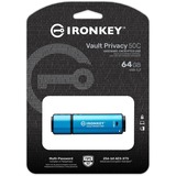 Kingston IronKey 64GB USB-C Vault Privacy 50C cifrado AES-256, FIPS 197, Lápiz USB celeste/Negro, FIPS 197, 64 GB, USB Tipo C, 3.2 Gen 1 (3.1 Gen 1), 250 MB/s, Tapa, Negro, Azul