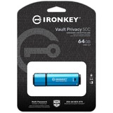 Kingston IronKey 64GB USB-C Vault Privacy 50C cifrado AES-256, FIPS 197, Lápiz USB celeste/Negro, FIPS 197, 64 GB, USB Tipo C, 3.2 Gen 1 (3.1 Gen 1), 250 MB/s, Tapa, Negro, Azul
