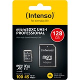 Intenso microSDXC 128GB Class 10 UHS-I Professional - Extended Capacity SD (MicroSDHC) Clase 10, Tarjeta de memoria negro, 128 GB, MicroSDXC, Clase 10, UHS-I, 100 MB/s, 45 MB/s
