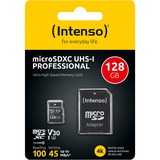 Intenso microSDXC 128GB Class 10 UHS-I Professional - Extended Capacity SD (MicroSDHC) Clase 10, Tarjeta de memoria negro, 128 GB, MicroSDXC, Clase 10, UHS-I, 100 MB/s, 45 MB/s