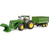 bruder John Deere 7R 350 con cargador frontal y remolque de transporte de eje tándem, Automóvil de construcción verde