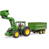 bruder John Deere 7R 350 con cargador frontal y remolque de transporte de eje tándem, Automóvil de construcción verde