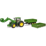 bruder John Deere 7R 350 con cargador frontal y remolque de transporte de eje tándem, Automóvil de construcción verde