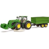 bruder John Deere 7R 350 con cargador frontal y remolque de transporte de eje tándem, Automóvil de construcción verde