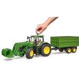 bruder John Deere 7R 350 con cargador frontal y remolque de transporte de eje tándem, Automóvil de construcción verde