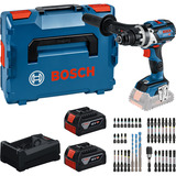 Bosch Juego de herramientas: taladro atornillador inalámbrico 18 voltios 110 Nm con 2 baterías de 5,0 Ah, cargador y juego de puntas, Kit de herramientas en caja