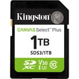 Kingston 1 TB SDXC Canvas Select Plus Gen3 150 MB/s C10 UHS-I U3 V30, Tarjeta de memoria 1 TB, SD, Clase 10, UHS-I, 150 MB/s, Class 3 (U3)