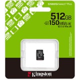 Kingston 512GB micSDXC Canvas Select Plus Gen3 150R A1 (Adaptador de SD no incluido), Tarjeta de memoria negro, 512 GB, MicroSDXC, Clase 10, UHS-I, 150 MB/s, Class 3 (U3)
