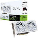 ASUS Dual -RTX5060TI-O16G-WHITE NVIDIA GeForce RTX 5060 Ti 16 GB GDDR7, Tarjeta gráfica blanco, GeForce RTX 5060 Ti, 16 GB, GDDR7, 128 bit, 7680 x 4320 Pixeles, PCI Express 5.0
