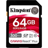 Kingston Canvas React Plus 64 GB SD UHS-II Clase 10, Tarjeta de memoria negro, 64 GB, SD, Clase 10, UHS-II, 300 MB/s, 260 MB/s