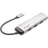 Verbatim Hub Multipuertos USB-C 4 puertos USB 3.2 Gen 1, Hub USB plateado, USB 3.2 Gen 1 (3.1 Gen 1) Type-C, USB 3.2 Gen 1 (3.1 Gen 1) Type-A, 5000 Mbit/s, Gris, Aluminio, Plástico, 0,15 m