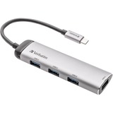 Verbatim Hub Multipuertos USB-C 4 puertos USB 3.2 Gen 1, Hub USB plateado, USB 3.2 Gen 1 (3.1 Gen 1) Type-C, USB 3.2 Gen 1 (3.1 Gen 1) Type-A, 5000 Mbit/s, Gris, Aluminio, Plástico, 0,15 m