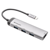 Verbatim Hub Multipuertos USB-C 4 puertos USB 3.2 Gen 1, Hub USB plateado, USB 3.2 Gen 1 (3.1 Gen 1) Type-C, USB 3.2 Gen 1 (3.1 Gen 1) Type-A, 5000 Mbit/s, Gris, Aluminio, Plástico, 0,15 m