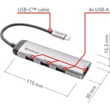 Verbatim Hub Multipuertos USB-C 4 puertos USB 3.2 Gen 1, Hub USB plateado, USB 3.2 Gen 1 (3.1 Gen 1) Type-C, USB 3.2 Gen 1 (3.1 Gen 1) Type-A, 5000 Mbit/s, Gris, Aluminio, Plástico, 0,15 m