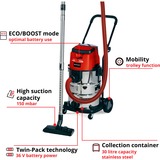 EINHELL TE-VC 36/30 Li S-Solo 30 L Aspiradora de tambor Seca y húmeda Bolsa para el polvo, Aspiradora en húmedo y en seco rojo/Plateado, Aspiradora de tambor, Seca y húmeda, Bolsa para el polvo, 30 L, Filtrado, 76 dB