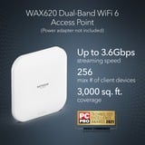 Netgear WAX620 3600 Mbit/s Blanco Energía sobre Ethernet (PoE), Punto de acceso blanco, 2,4 GHz, 5 GHz, 3600 Mbit/s, EAP-TLS, PEAP, SSL/TLS, TTLS, WPA, WPA2, WPA3, 100,1000,2500 Mbit/s