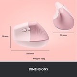 Logitech Lift Ratones, Ratón rosa, mano derecha, Diseño vertical, Óptico, RF Wireless + Bluetooth, 4000 DPI, Rosa