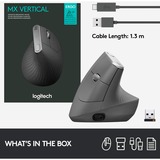 Logitech MX Vertical, Ratón negro/Plateado, mano derecha, Óptico, RF Wireless + Bluetooth, 4000 DPI, Grafito