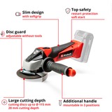 EINHELL TE-AG 18 Li 115mm Negro, Rojo amoladora de ángulo inalámbrica, Amoladora angular rojo, Sin cargador ni batería