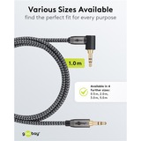 goobay Cable de conexión de audio Plus AUX 3,5mm estéreo, 90° negro/Plateado