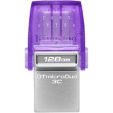 Kingston DataTraveler 128GB microDuo 3C 200MB/s dual USB-A + USB-C, Lápiz USB violeta/Transparente, 128 GB, USB Type-A / USB Type-C, 3.2 Gen 1 (3.1 Gen 1), 200 MB/s, Otro, Acero inoxidable, Púrpura