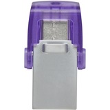 Kingston DataTraveler 128GB microDuo 3C 200MB/s dual USB-A + USB-C, Lápiz USB violeta/Transparente, 128 GB, USB Type-A / USB Type-C, 3.2 Gen 1 (3.1 Gen 1), 200 MB/s, Otro, Acero inoxidable, Púrpura