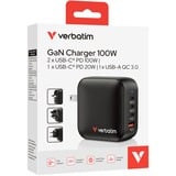 Verbatim Mini GaN Charger 100W Universal Negro Corriente alterna Carga rápida Interior, Cargador negro, Interior, Corriente alterna, Negro