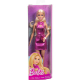 Mattel Barbie Fashionista Muñeca con vestido metálico rosa con recorte en forma de corazón, Muñecos 