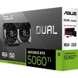 ASUS Dual -RTX5060TI-8G NVIDIA GeForce RTX 5060 Ti 8 GB GDDR7, Tarjeta gráfica GeForce RTX 5060 Ti, 8 GB, GDDR7, 128 bit, 7680 x 4320 Pixeles, PCI Express 5.0