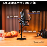 Elgato Wave 3 Negro Micrófono de superficie para mesa negro, Micrófono de superficie para mesa, 70 - 20000 Hz, 24 bit, 96 kHz, Alámbrico, USB