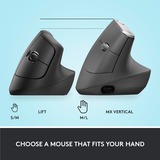 Logitech Lift Ratones, Ratón grafito/Negro, mano derecha, Diseño vertical, Óptico, RF Wireless + Bluetooth, 4000 DPI, Grafito