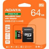 ADATA Speed Plus 64 GB MicroSDXC Clase 10, Tarjeta de memoria 64 GB, MicroSDXC, Clase 10, 160 MB/s, 140 MB/s, Class 3 (U3)