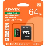 ADATA Speed Plus 64 GB MicroSDXC Clase 10, Tarjeta de memoria 64 GB, MicroSDXC, Clase 10, 160 MB/s, 140 MB/s, Class 3 (U3)