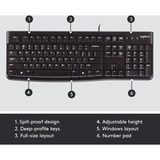 Logitech K120 Corded Keyboard teclado USB QWERTZ Alemán Negro negro, Completo (100%), Alámbrico, USB, QWERTZ, Negro