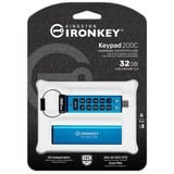 Kingston IronKey Keypad 200C USB-C de 32 GB 200C, FIPS 140-3 nivel 3 (pendiente) AES-256, Lápiz USB FIPS 140-3 nivel 3 (pendiente) AES-256, 32 GB, USB Tipo C, 3.2 Gen 1 (3.1 Gen 1), 145 MB/s, Funda, Azul