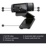Logitech C920 Pro HD cámara web 3 MP 1920 x 1080 Pixeles USB Negro, Webcam negro, 3 MP, 1920 x 1080 Pixeles, Full HD, 30 pps, 720p, 1080p, H.264