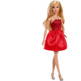 Mattel Muñeca Barbie de fiesta color rubí para el 80º aniversario con vestido rojo, Muñecos 