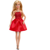 Mattel Muñeca Barbie de fiesta color rubí para el 80º aniversario con vestido rojo, Muñecos 