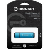 Kingston IronKey 64GB Vault Privacy 50 cifrado AES-256, FIPS 197, Lápiz USB celeste/Negro, FIPS 197, 64 GB, USB tipo A, 3.2 Gen 1 (3.1 Gen 1), 250 MB/s, Tapa, Negro, Azul